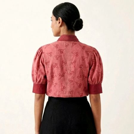 Handcrafted Cherry Knot Top with Puff Sleeves Cotton